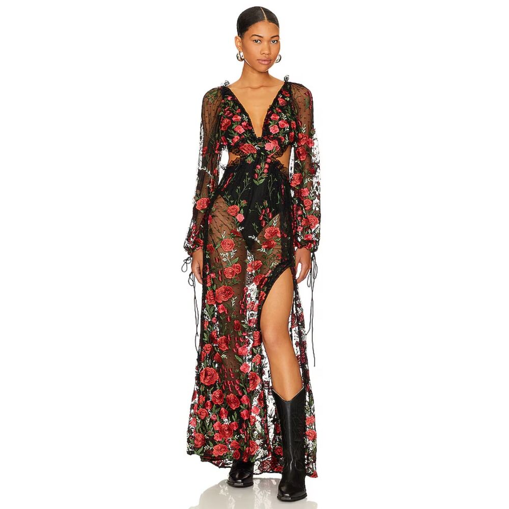 For Love & Lemons Maxi Dress XS Bodysuit Cutout Wedding Party Rose Black Araceli